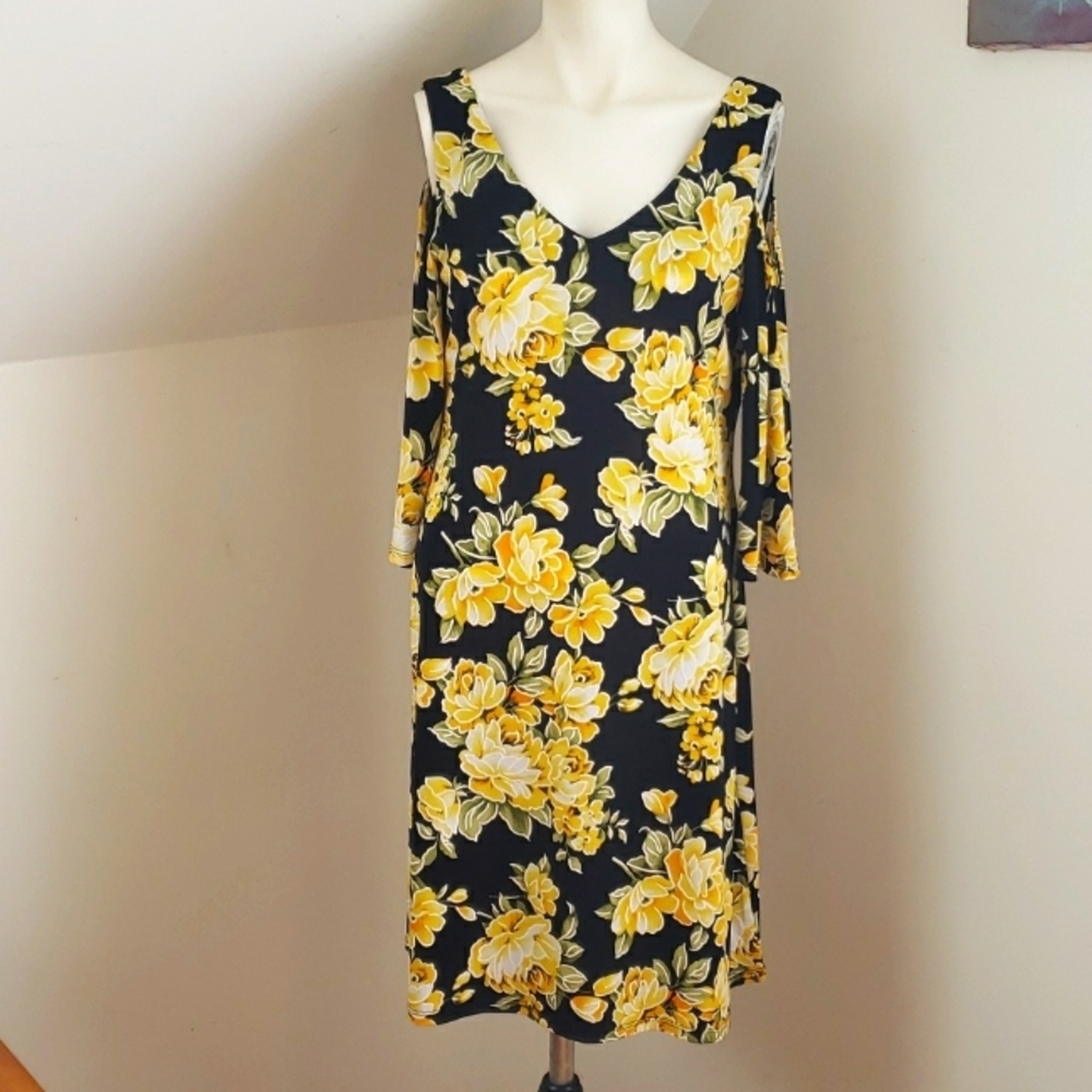 Connected Apparel Yellow Black Floral Sheath Dress Cold Shoulder V-Neck Size 6